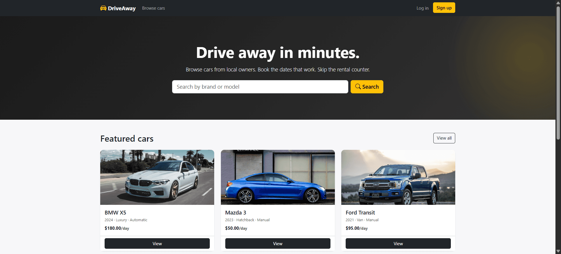 Car Rental, peer-to-peer rental marketplace browsing and booking flow
