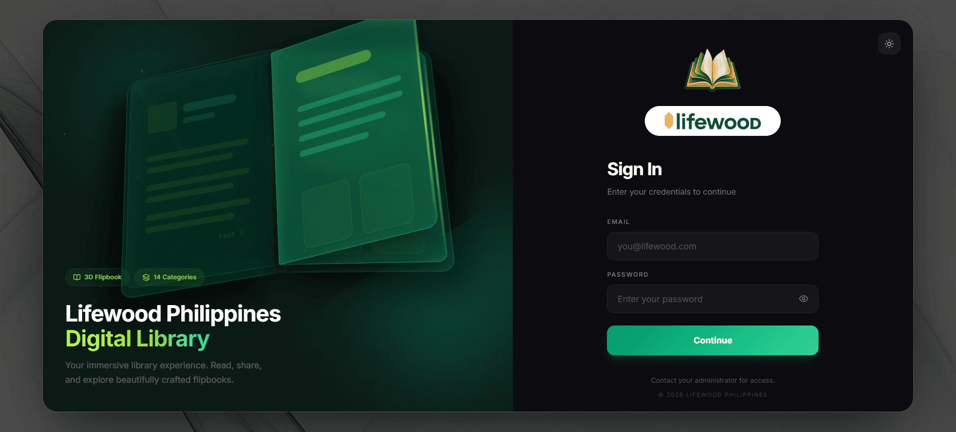 Digital Library, interactive PDF flipbook reader with category management, search, and AI-generated summaries