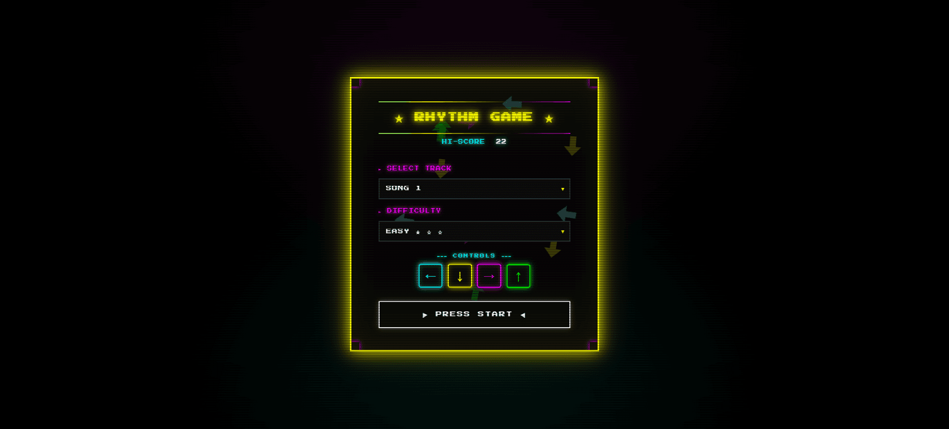 Rhythm Game, four-lane browser rhythm game with neon retro arcade aesthetics