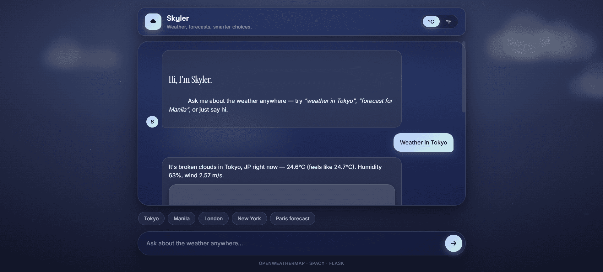 Skyler Chatbot, conversational weather assistant interface