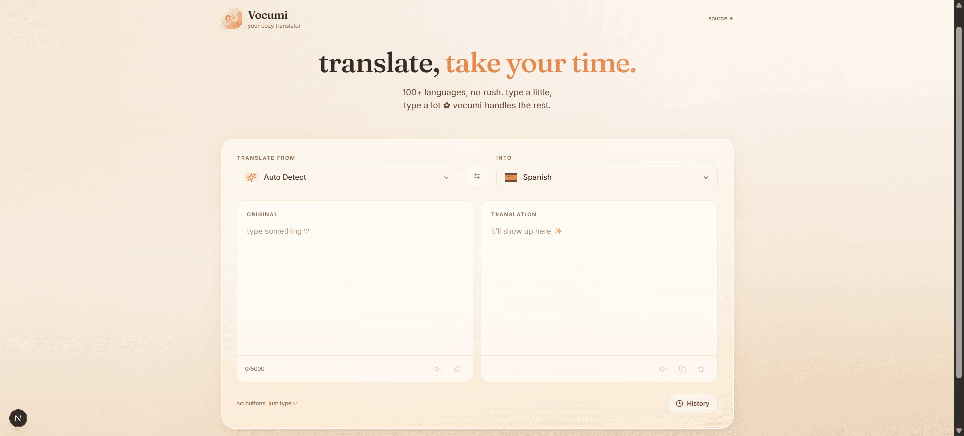 Vocumi Translator, calm web translator with translate-as-you-type and 100+ languages